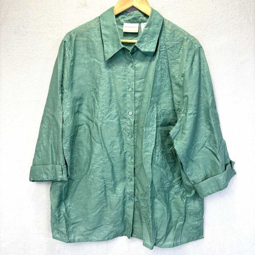 Alfred Dunner Sheer Embroidered Tunic Shirt Sz 20W Green 3/4 Sleeve Lightweight